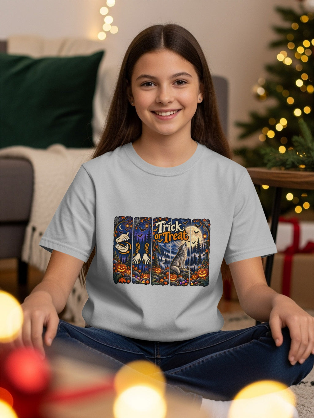 Light gray t-shirt with "Trick or Treat" Halloween graphic featuring a wolf.