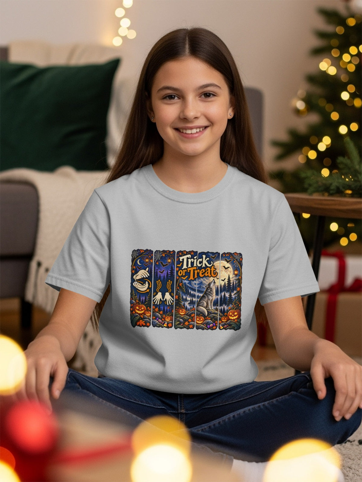 Light gray t-shirt with "Trick or Treat" Halloween graphic featuring a wolf.