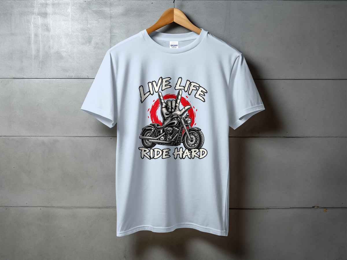 Light blue t-shirt with motorcycle, hand gesture, and text "Live Life Ride Hard."