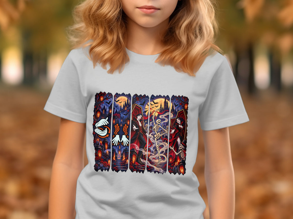Halloween t-shirt with vampires, skeleton, and spooky castle on a moonlit night.