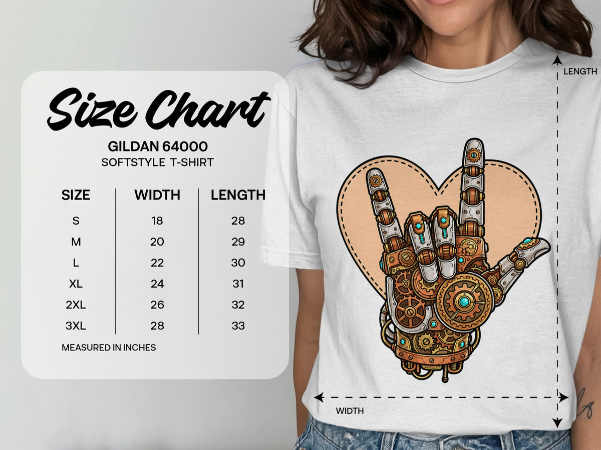 Gildan 64000 Softstyle t-shirt size chart with width and length measurements in inches.