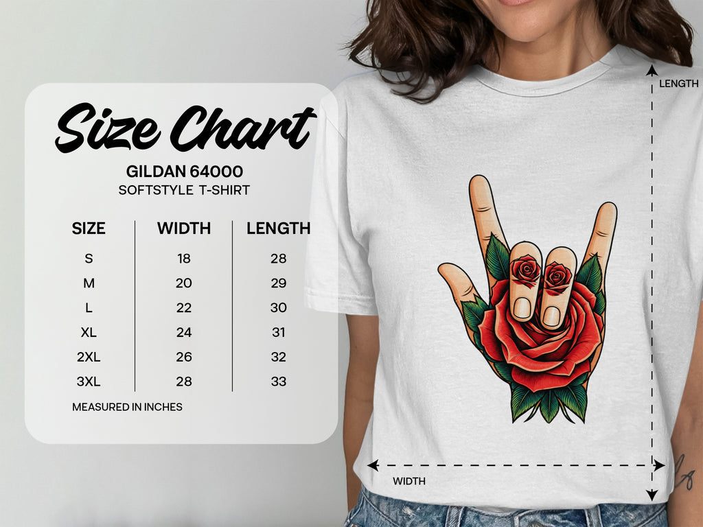 Gildan 64000 Softstyle T-Shirt size chart with width and length measurements in inches.