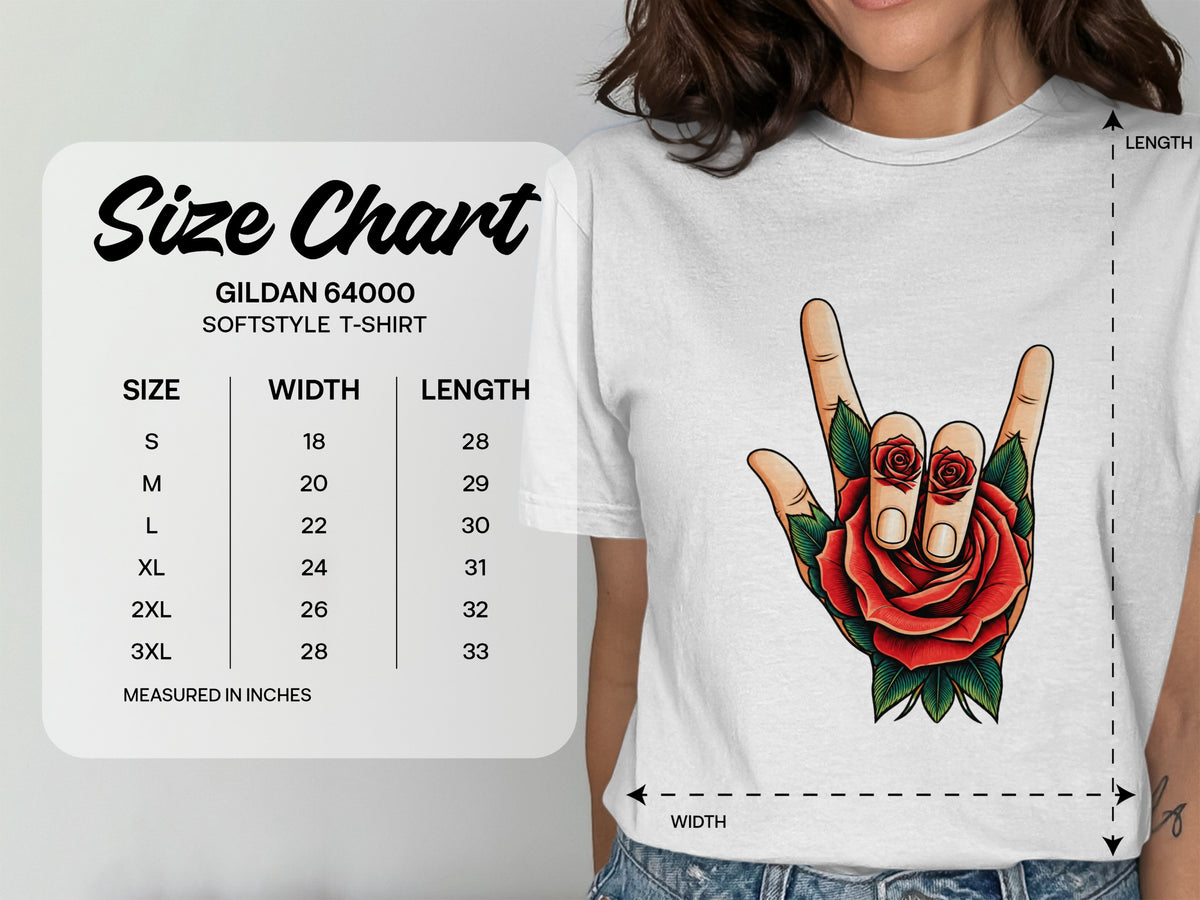 Gildan 64000 Softstyle T-Shirt size chart with width and length measurements in inches.