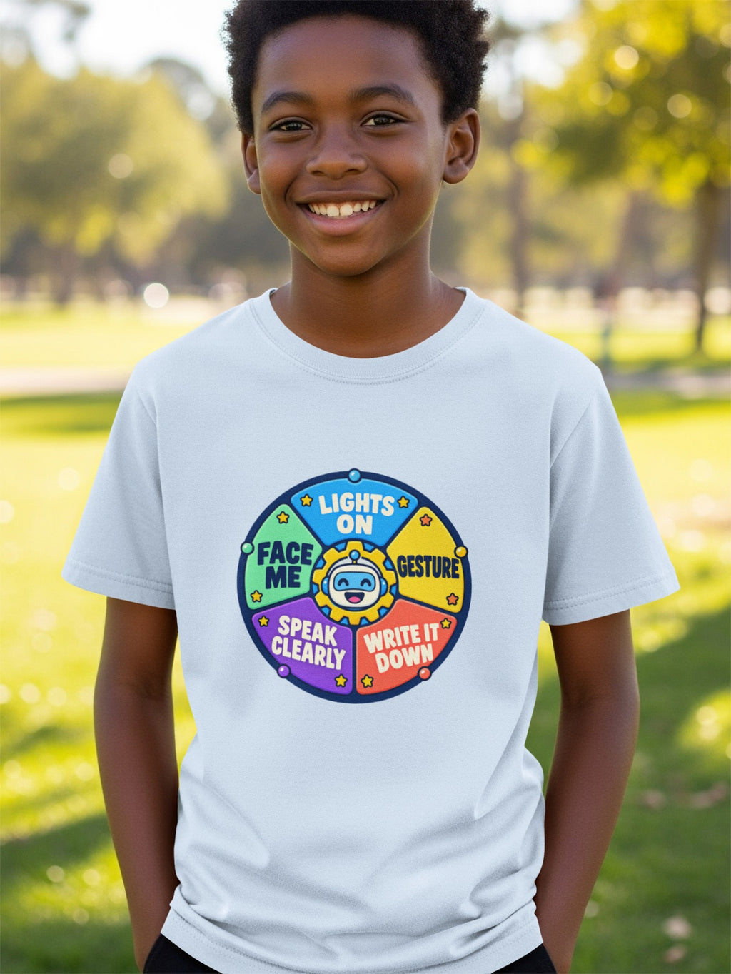 Light blue t-shirt with a circular graphic of a robot and four text sections: "Lights On", "Gesture", "Write It Down", "Speak Clearly", "Face Me".