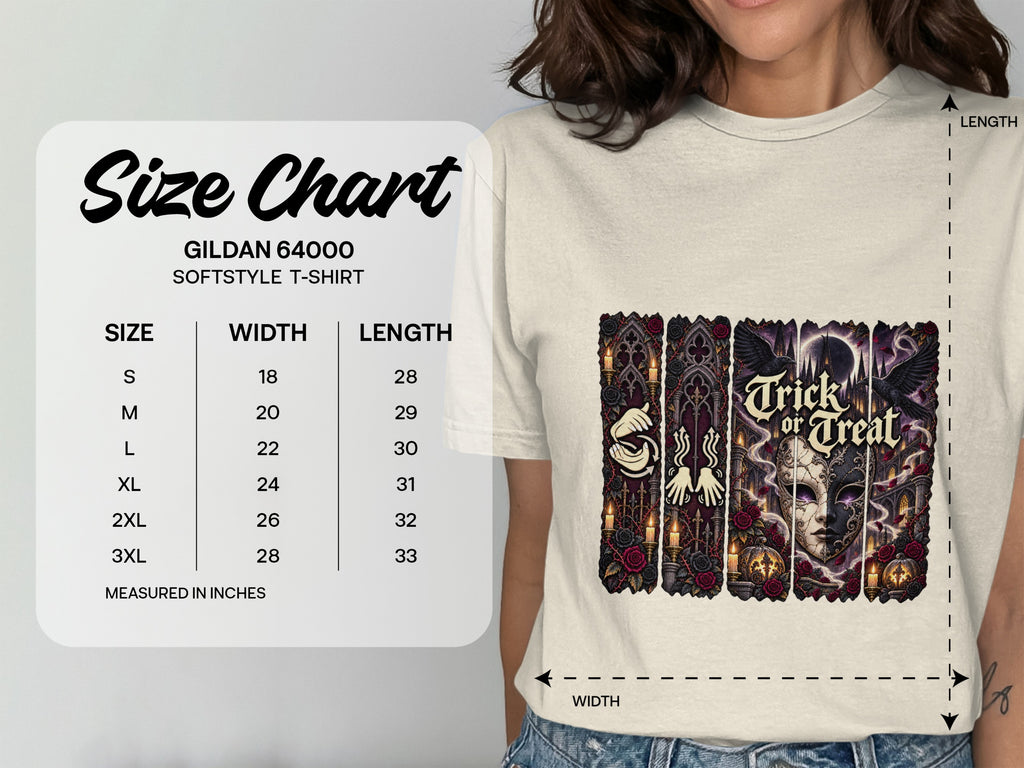 Gildan 64000 Softstyle T-Shirt size chart in inches with "Trick or Treat" graphic.