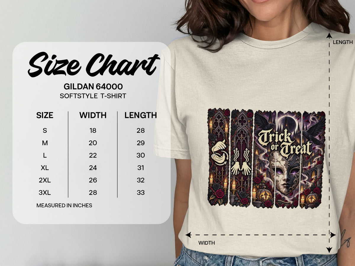 Gildan 64000 Softstyle T-Shirt size chart in inches with "Trick or Treat" graphic.
