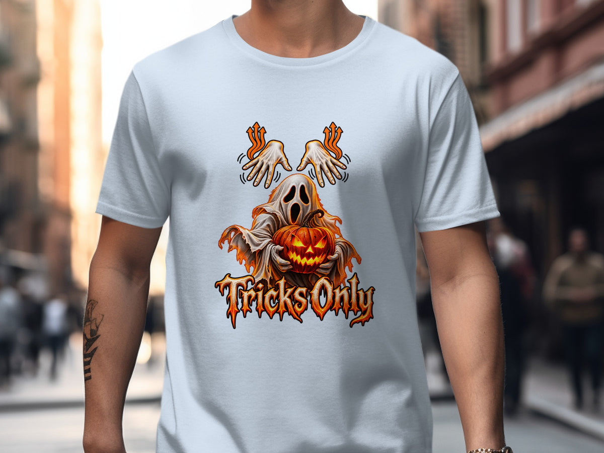 Ghost holding a jack-o-lantern with "Tricks Only" text below.
