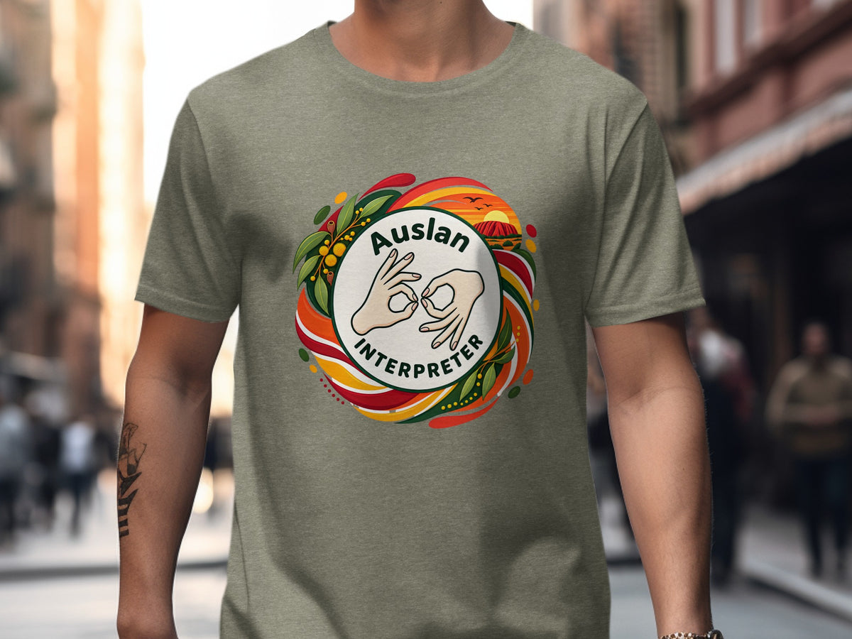 T-shirt with "Auslan Interpreter" text and sign language hands surrounded by Australian elements.