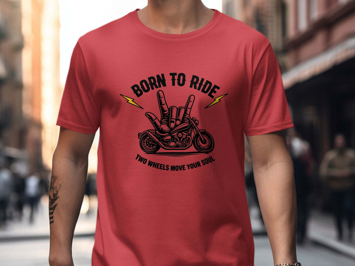 Red t-shirt with black "Born to Ride" graphic, motorcycle, and hand symbol.
