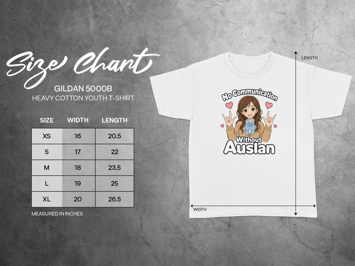 Size chart for Gildan 5000B heavy cotton youth t-shirt with measurements.
