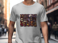 Gothic castle, ravens, roses, candles, and pumpkins design on a white t-shirt.