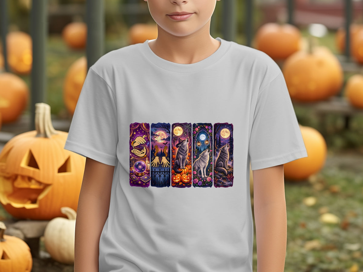 T-shirt with five vertical Halloween-themed panels featuring a crystal ball and wolves.