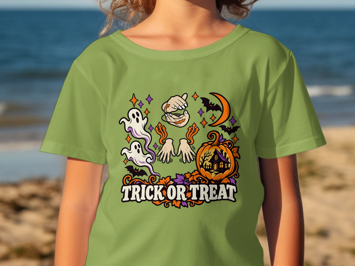 Green t-shirt with "TRICK OR TREAT" text and Halloween graphics.