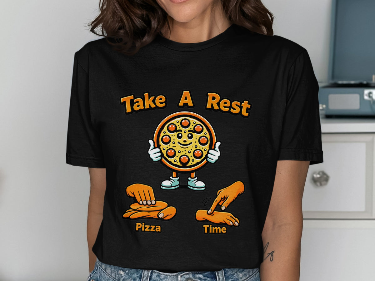 Black t-shirt with a cartoon pizza character above "Pizza Time" text and gestures.