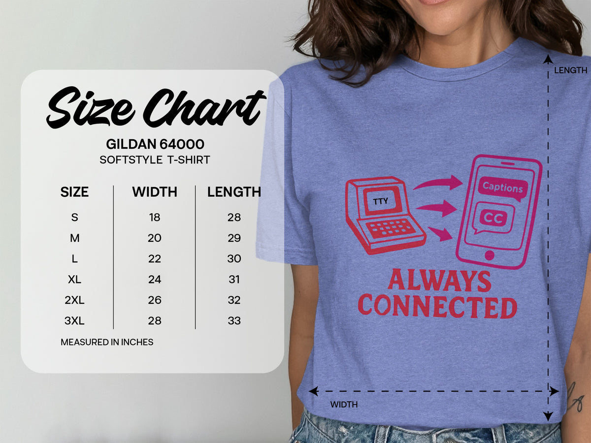Gildan 64000 Softstyle T-shirt size chart with width and length measurements.