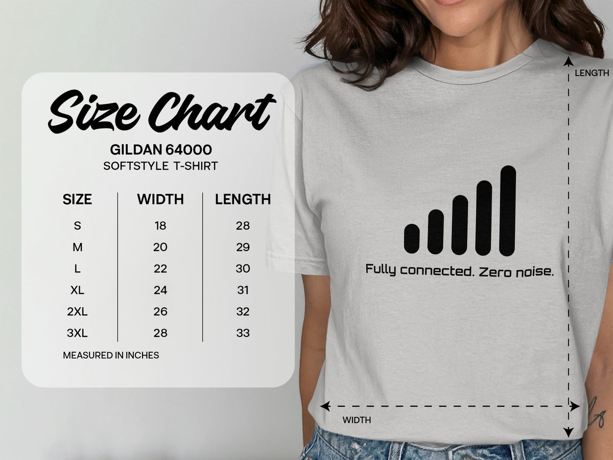 Gildan 64000 Softstyle t-shirt size chart with width and length measurements in inches.