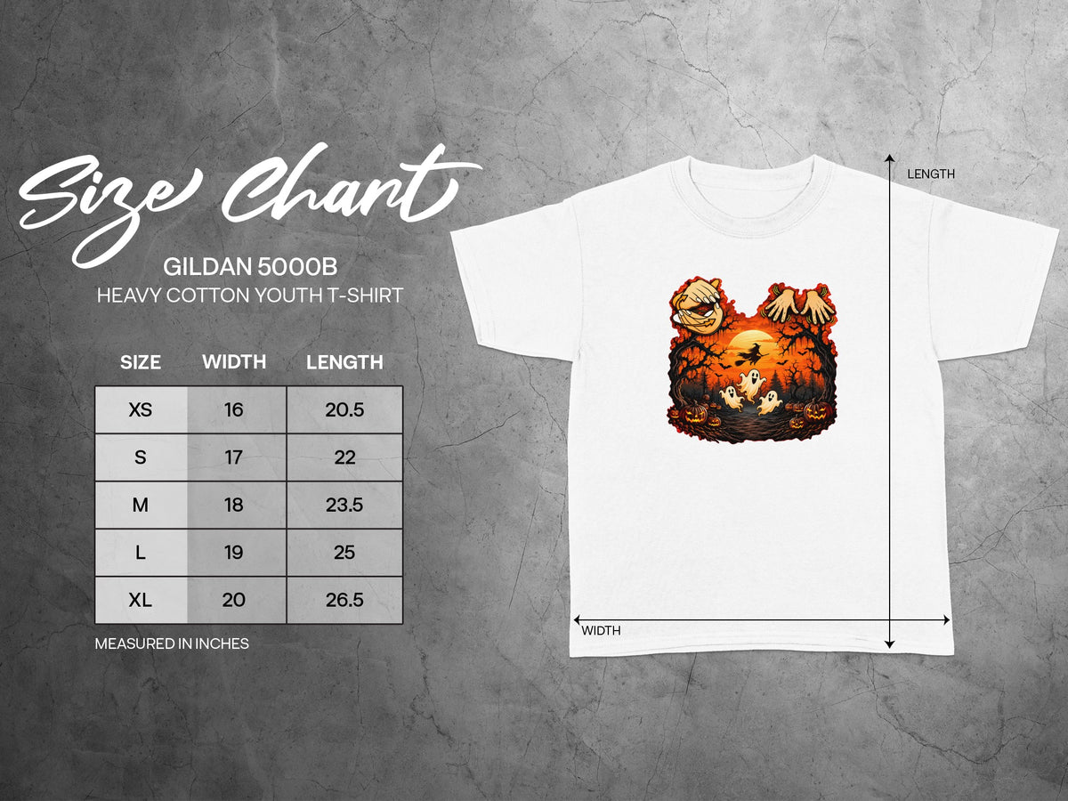 Gildan 5000B youth t-shirt size chart for width and length in inches.