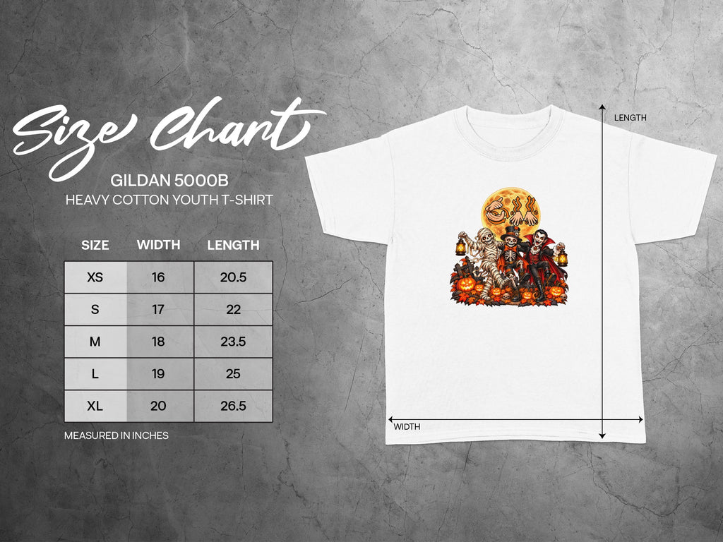 Gildan 5000B youth t-shirt size chart with Halloween graphic.