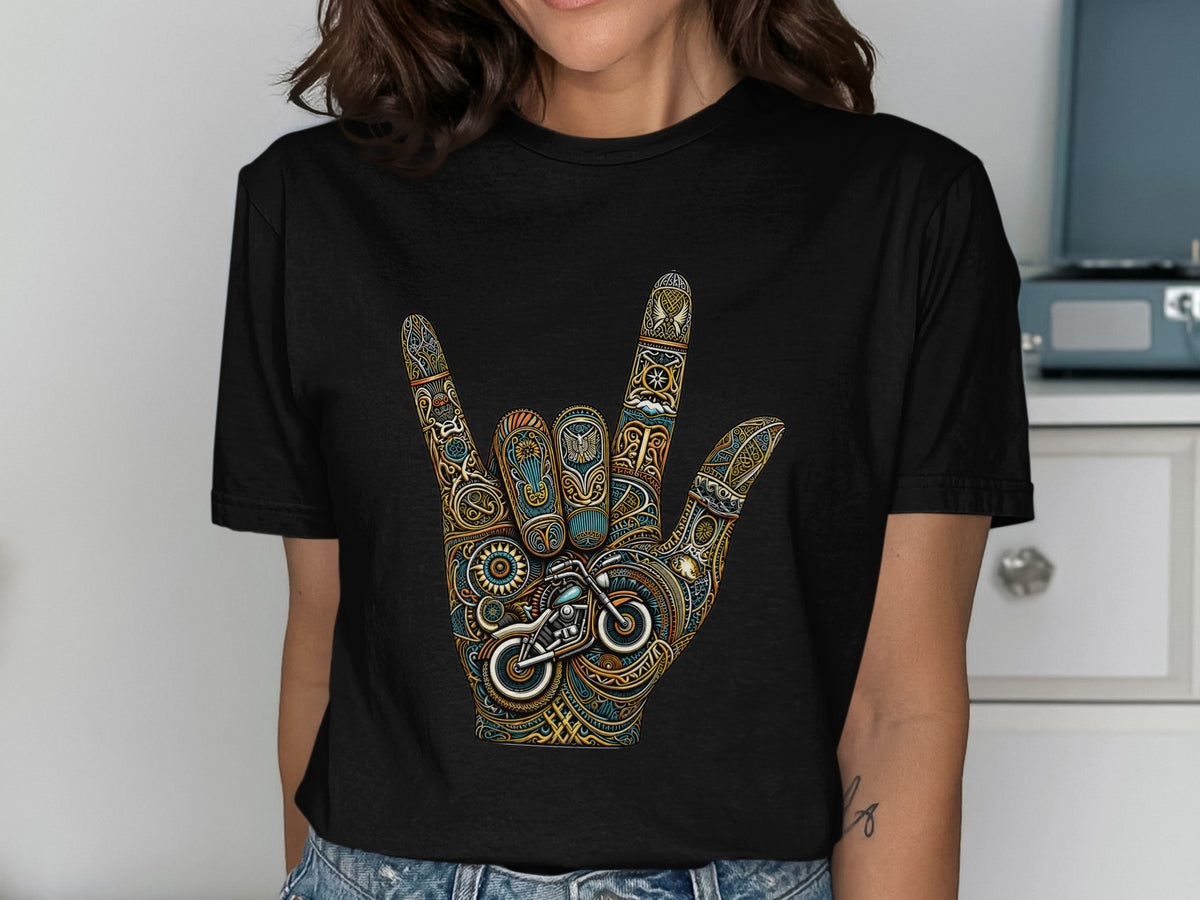 Black t-shirt with a colorful, intricate hand gesture design featuring a motorcycle.