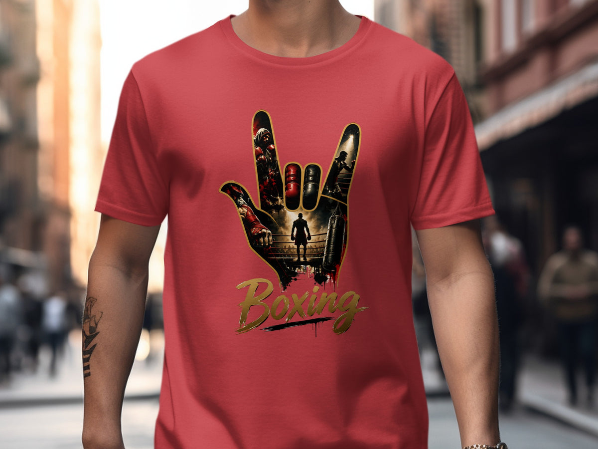 Red t-shirt with a boxing graphic on the chest.
