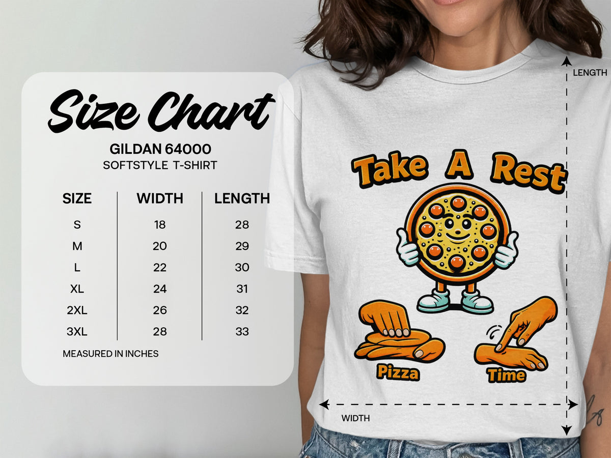 Gildan 64000 Softstyle t-shirt size chart with width and length measurements in inches.