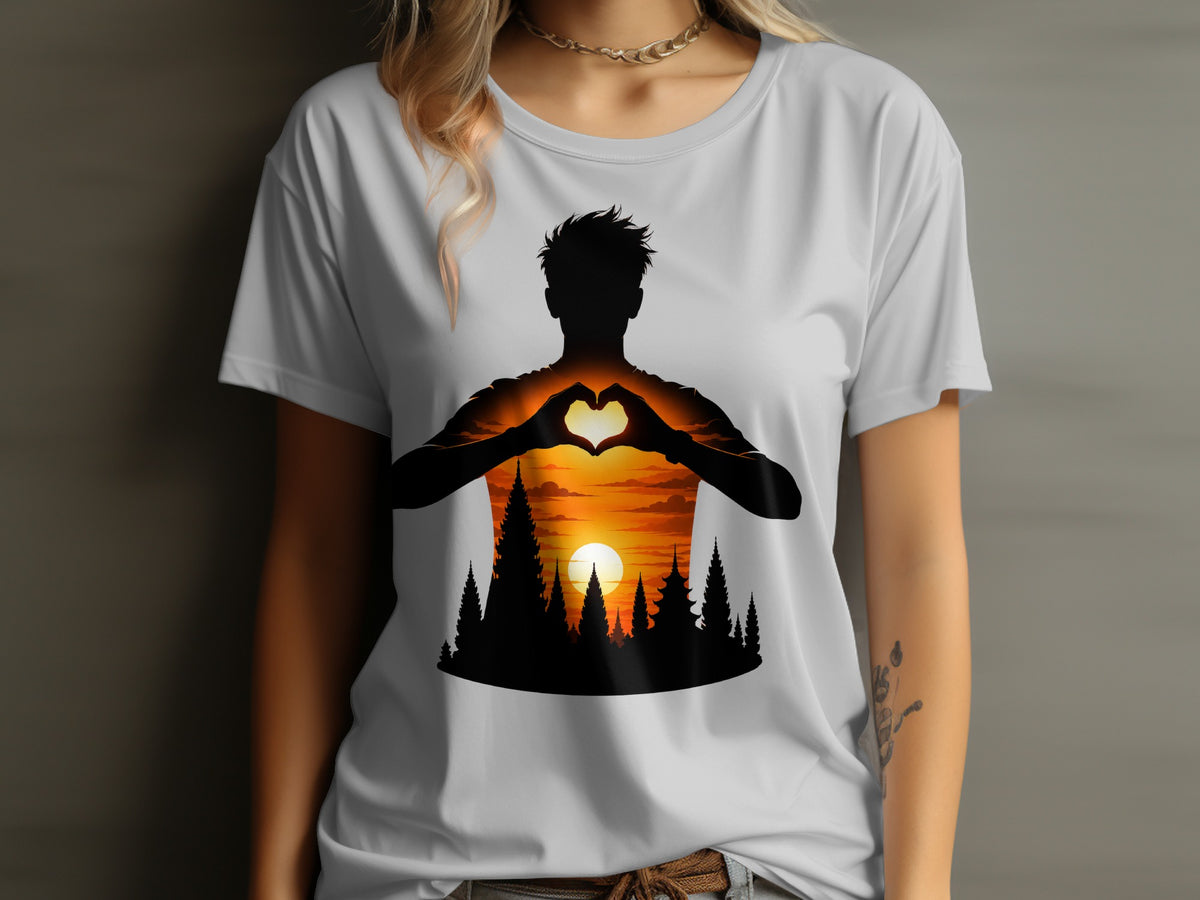 T-shirt with silhouette of person making heart shape over sunset landscape.