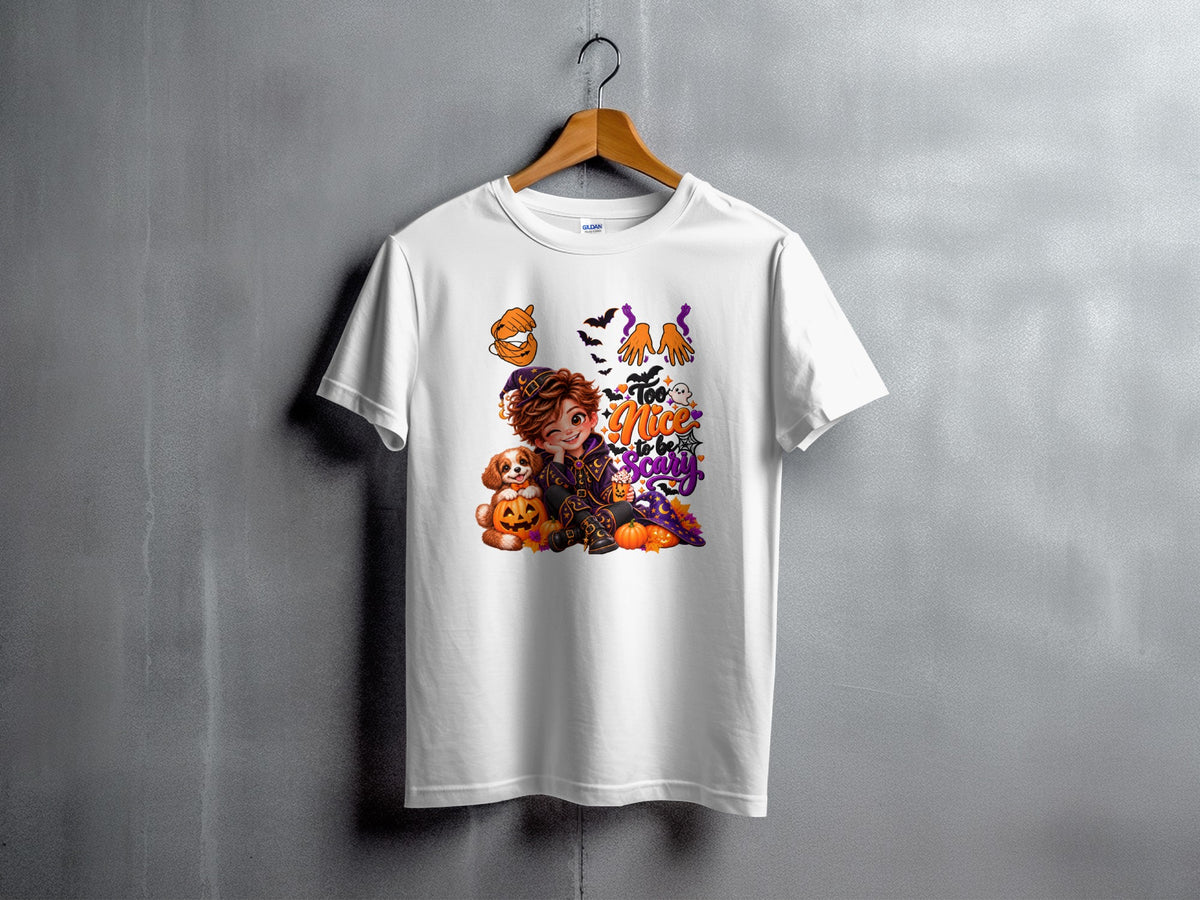 White t-shirt with "Too Nice to be Scary" Halloween graphic featuring a witchy child, dog, and pumpkins.
