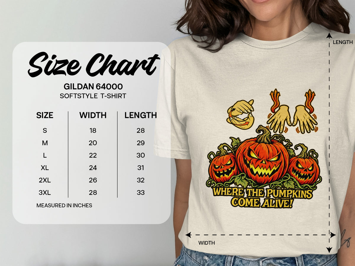 Size chart for Gildan 64000 softstyle t-shirt with Halloween pumpkins graphic.