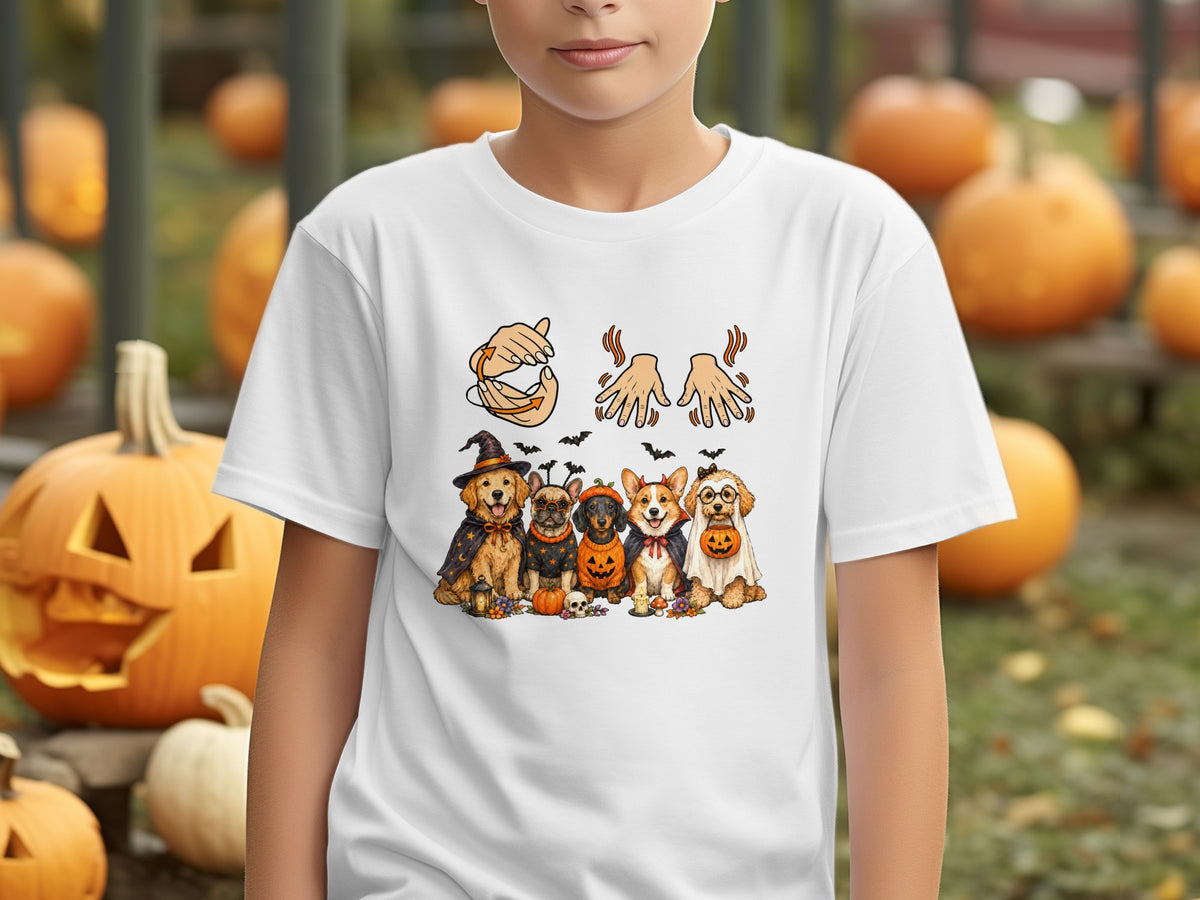 Five dogs in Halloween costumes with bats and pumpkins, hands showing a sign.