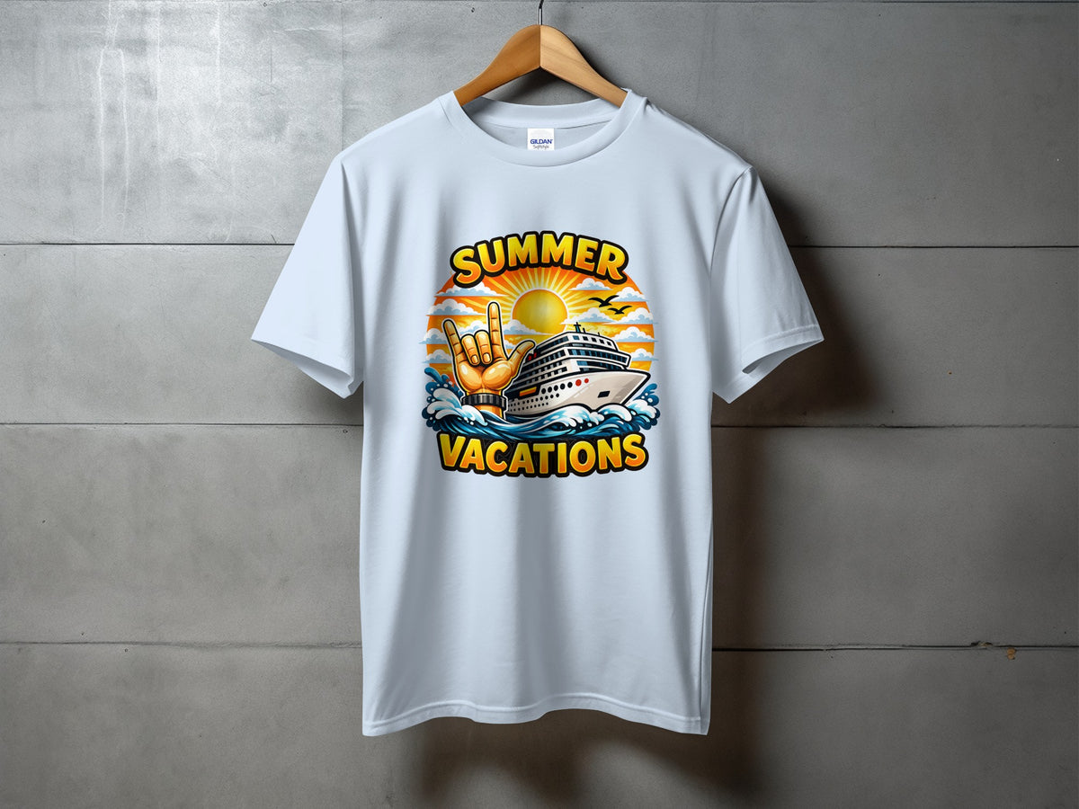White t-shirt with "Summer Vacations" text, a cruise ship, sun, and hand sign.