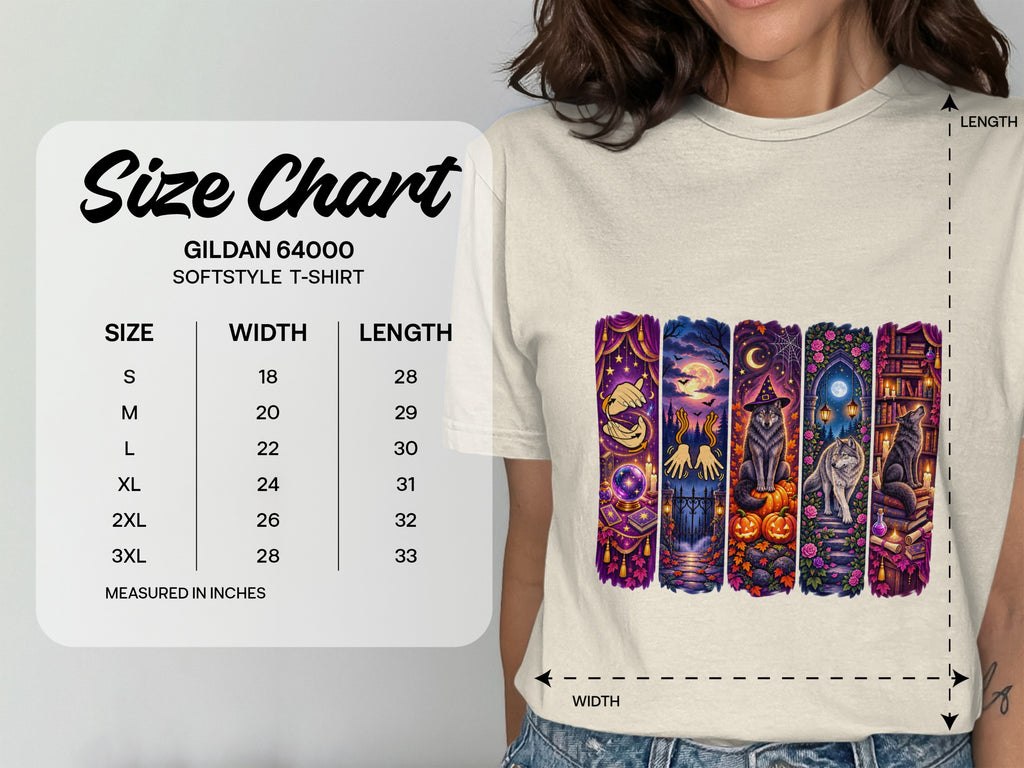 Gildan 64000 Softstyle t-shirt size chart with width and length measurements in inches.