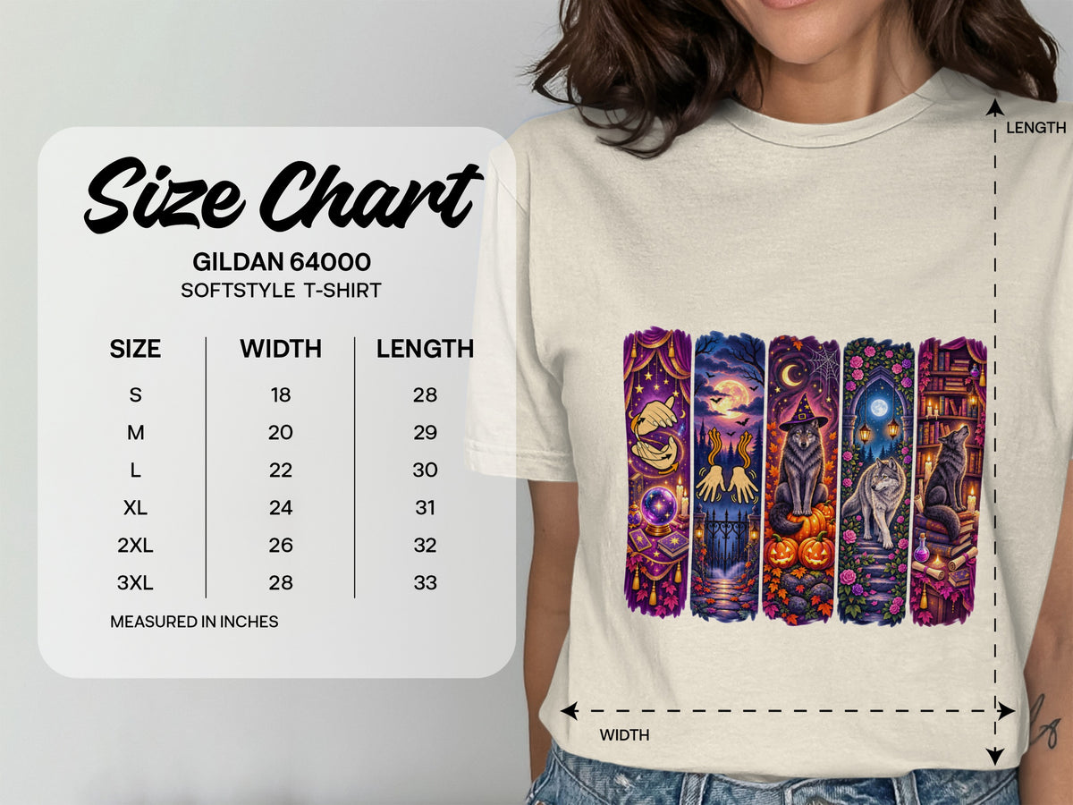 Gildan 64000 Softstyle t-shirt size chart with width and length measurements in inches.