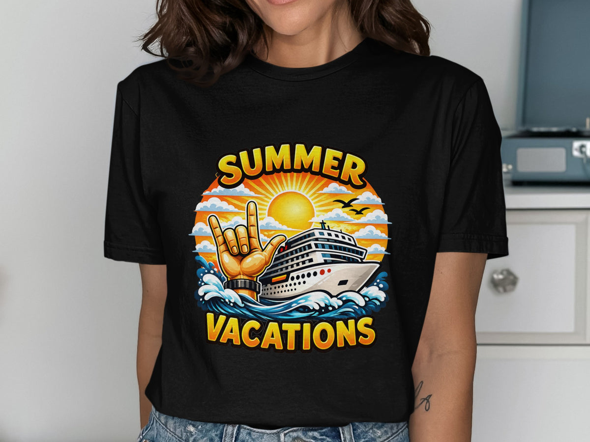 Cruise ship with text "Summer Vacations" and hand gesture on black t-shirt.