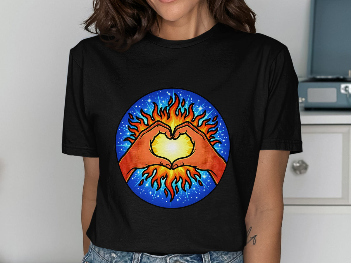 Hands form a heart around a bright sun with flames on a blue, starry background.