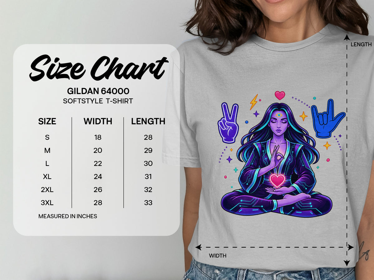 Gildan 64000 Softstyle T-Shirt size chart with width and length measurements in inches.
