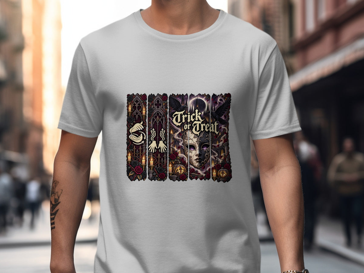 White t-shirt featuring a Halloween-themed graphic with crows and the text "Trick or Treat".