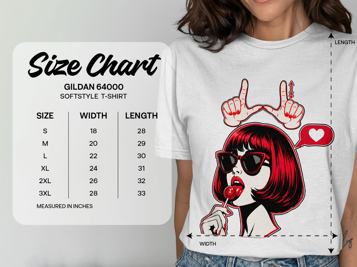 Gildan 64000 Softstyle T-Shirt size chart with width and length measurements in inches.