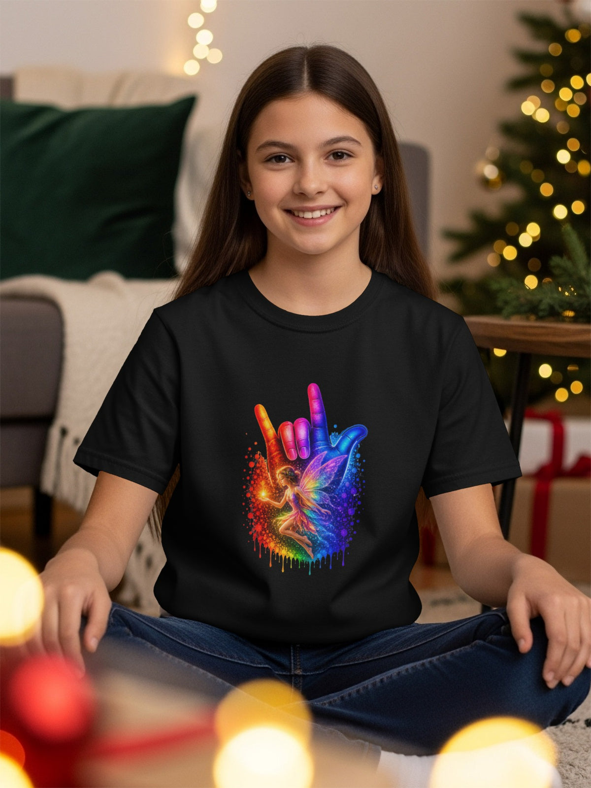Black t-shirt with rainbow fairy hand gesture graphic.