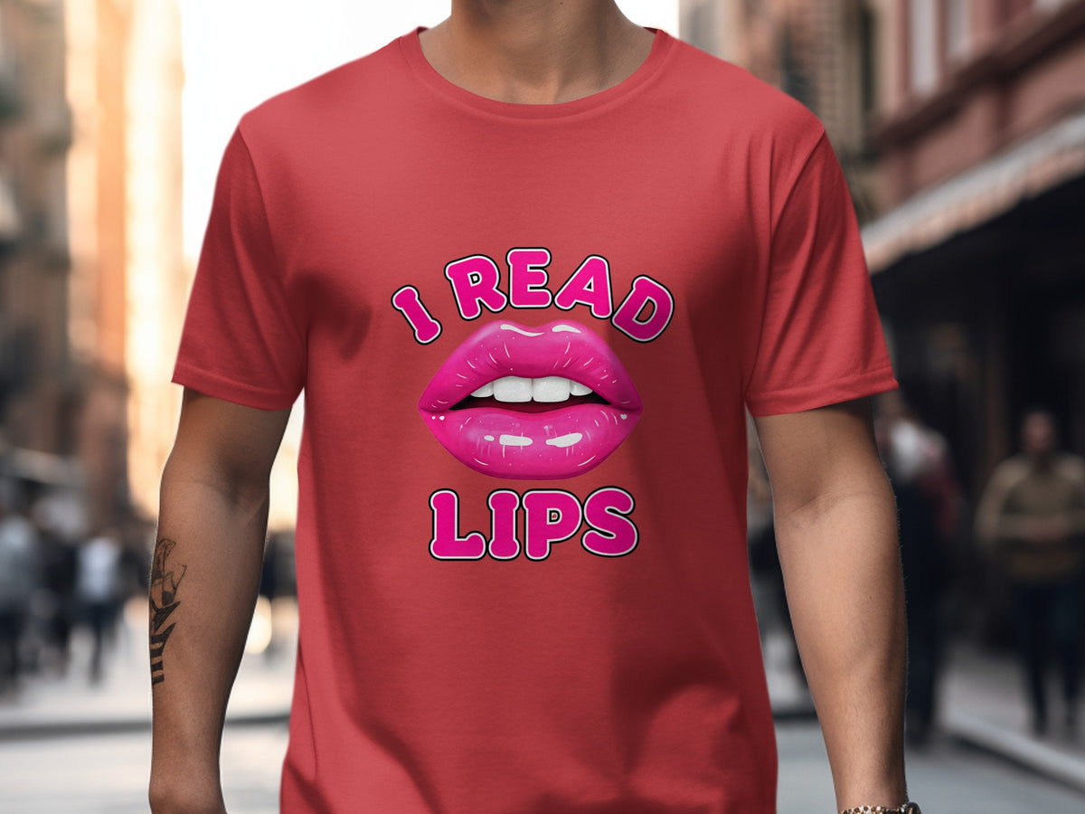 Red t-shirt with "I READ LIPS" and pink lips graphic.