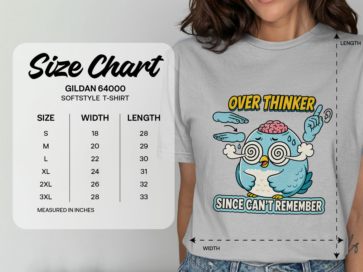 Gildan 64000 softstyle t-shirt with "Over Thinker Since Can't Remember" owl graphic and size chart.
