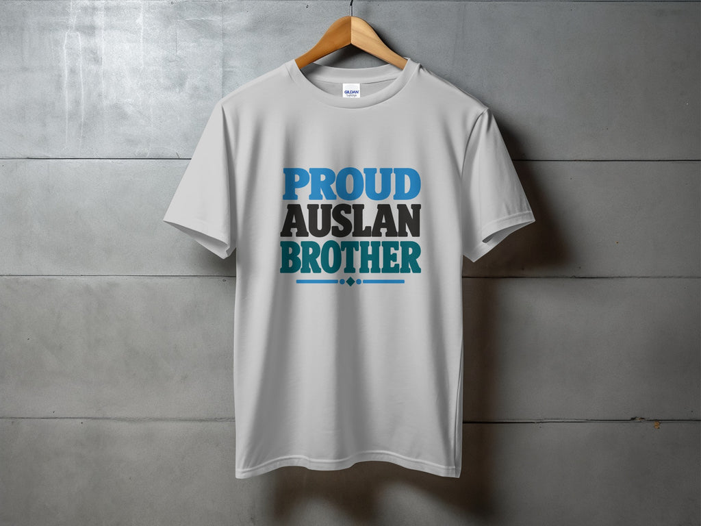 White t-shirt with blue and black text reading "PROUD AUSLAN BROTHER".
