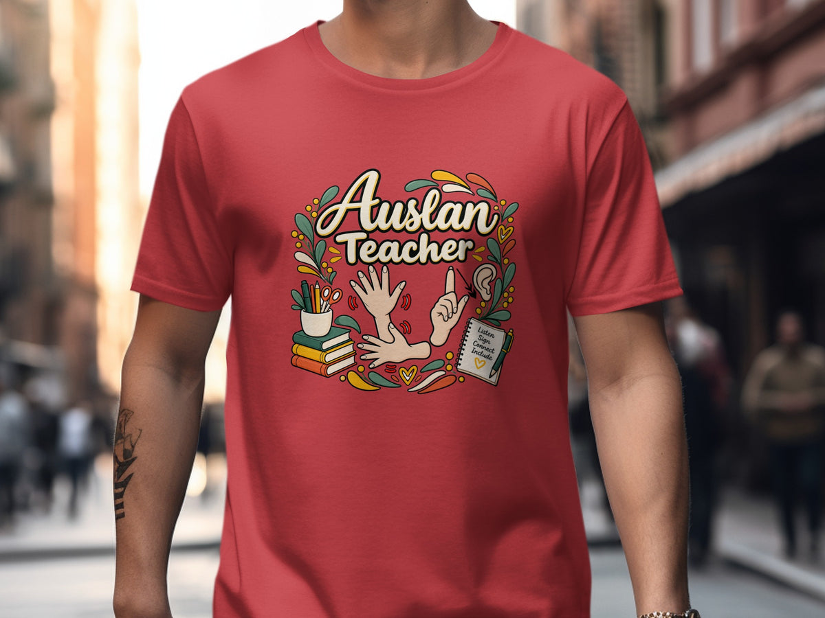 Red t-shirt with "Auslan Teacher" and sign language graphics.