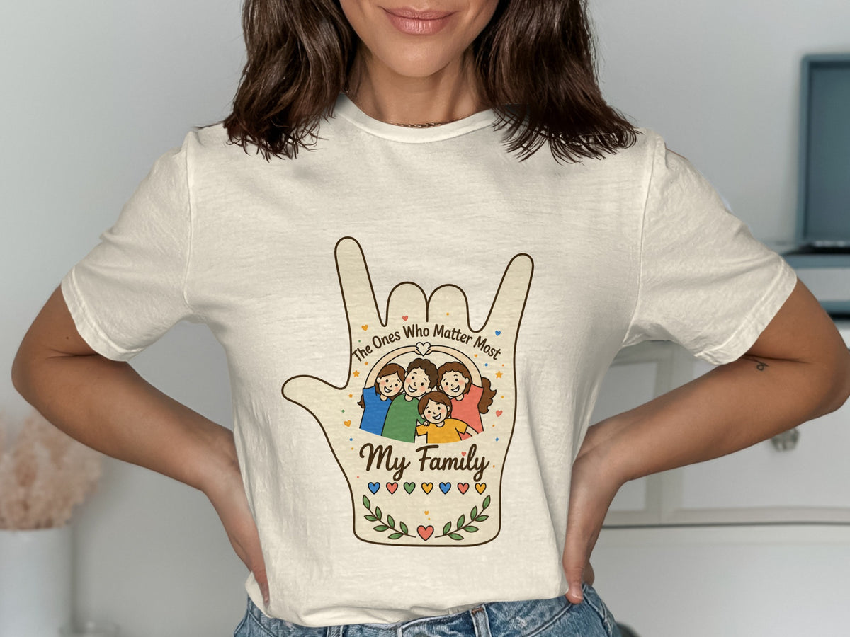 T-shirt with "My Family" text inside a hand shape, featuring cartoon family and hearts.