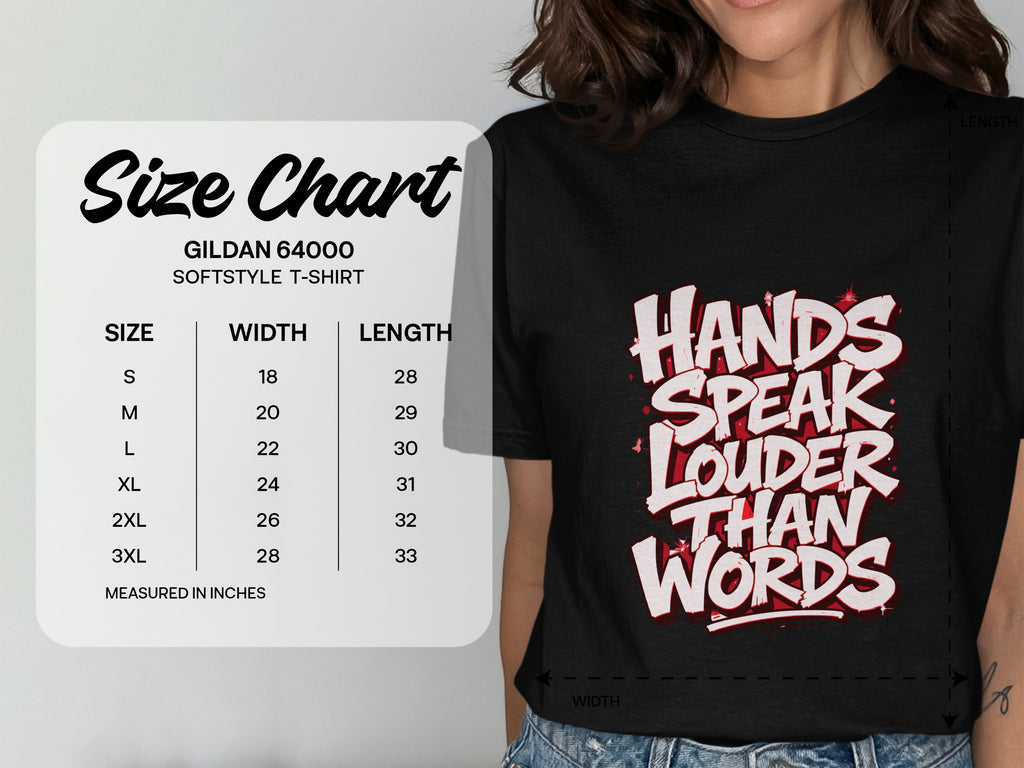 Gildan 64000 Softstyle T-Shirt size chart with width and length measurements in inches.