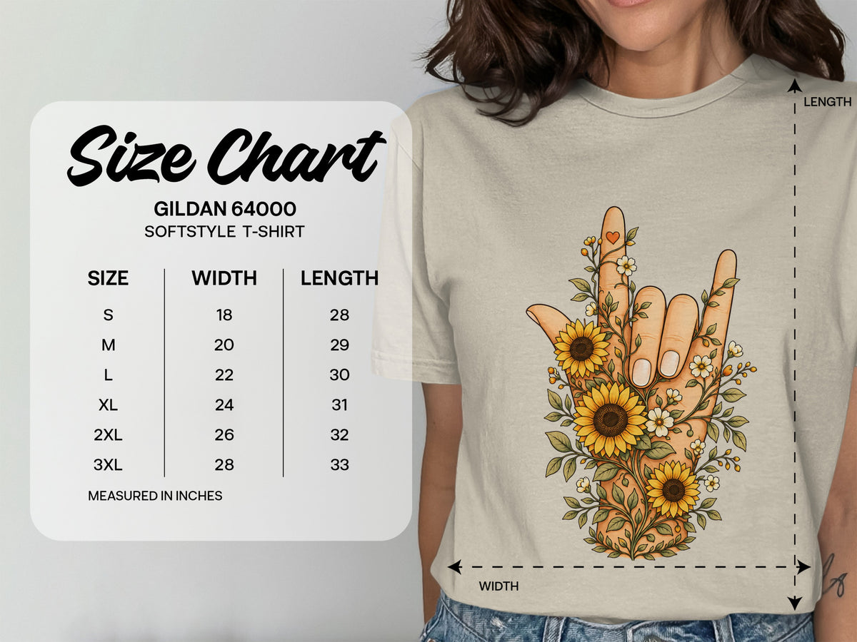 Gildan 64000 Softstyle t-shirt size chart with width and length measurements in inches.