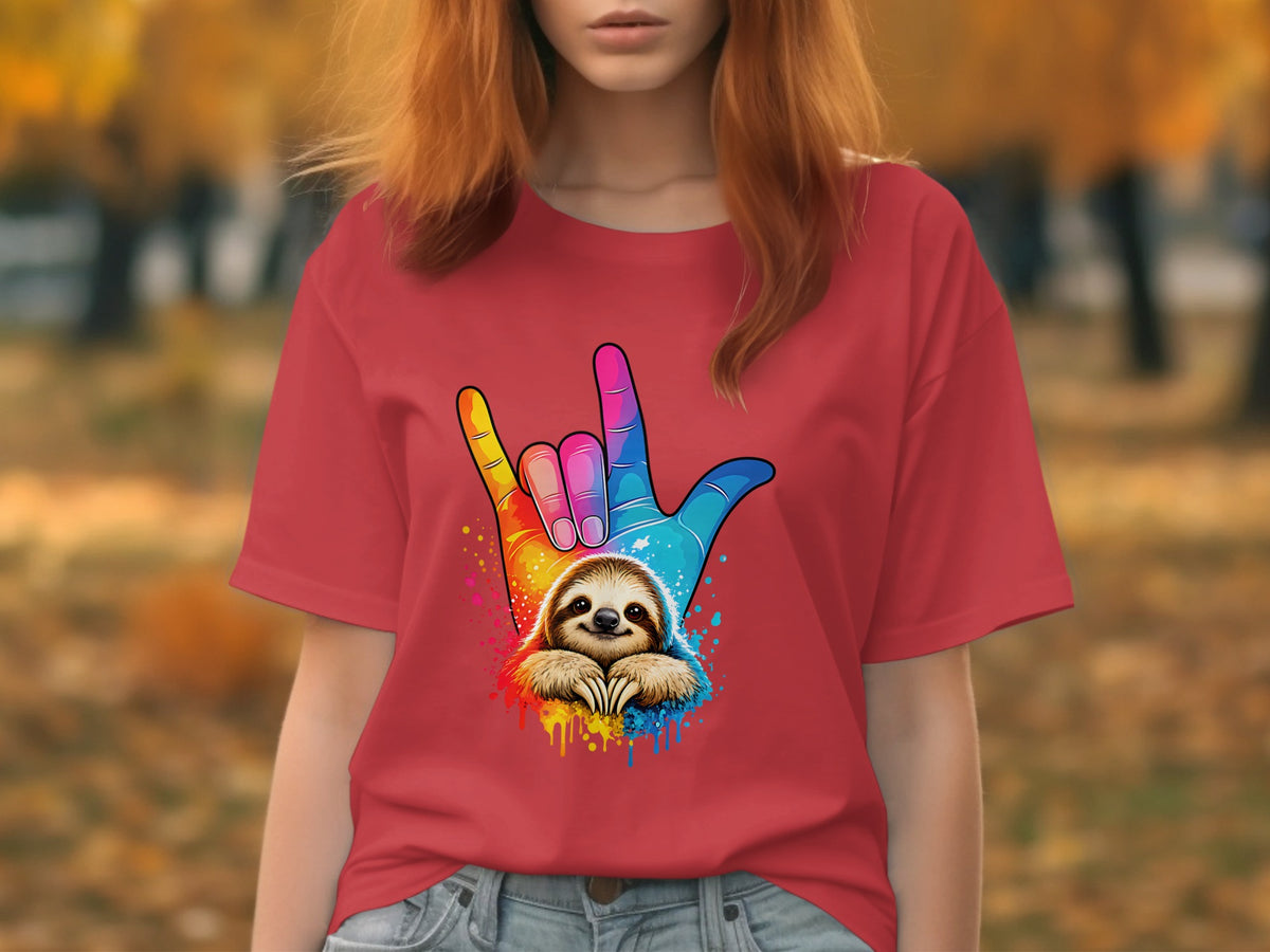 Red t-shirt with a rainbow hand sign and a sloth graphic.