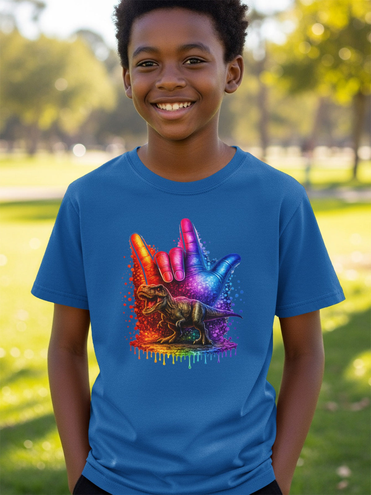 Blue t-shirt with a dinosaur and rainbow hand sign graphic.