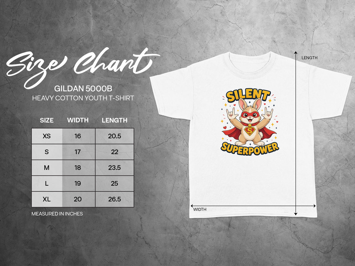 Gildan 5000B youth t-shirt size chart with a graphic of a bunny superhero.