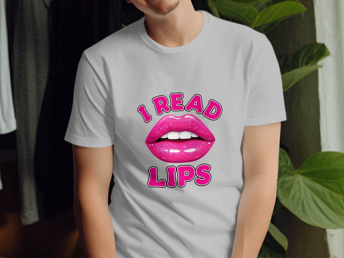 Grey t-shirt with pink lips graphic and text "I READ LIPS".
