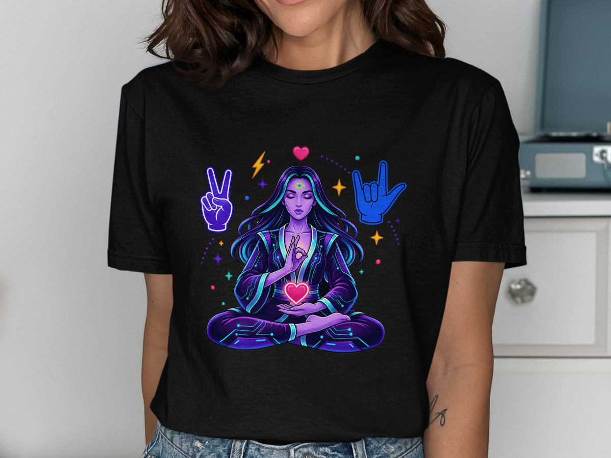 Woman wearing black t-shirt with graphic of meditating figure with circuit pattern.